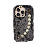 Vivid Fluffy Plush Case with Pearl Chain Apple iPhone 16 Pro Grey/Black