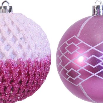 Ρόζ Χριστουγεννιάτικες Μπάλες 2 Σχέδια ,Σέτ 6 Τεμαχίων 8cm