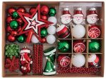 Σέτ 86 Τεμαχίων , Κόκκινα , Λευκά ,Πράσινα Διακοσμητικά Στολίδια 3-12cm Και Κορυφή 16cm