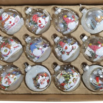 Λευκές Γυάλινες Χριστουγεννιάτικες Μπάλες Σέτ 12τεμαχίων , 12 Σχέδια 8cm